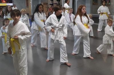 class of boys and girls in uniform practicing katas